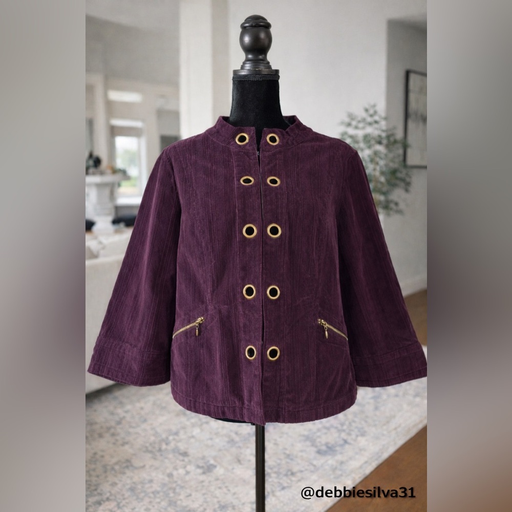 🍷 Dressbarn Plum Corduroy Jacket – Gold Grommets – Zip Pockets – Size XL – NWOT